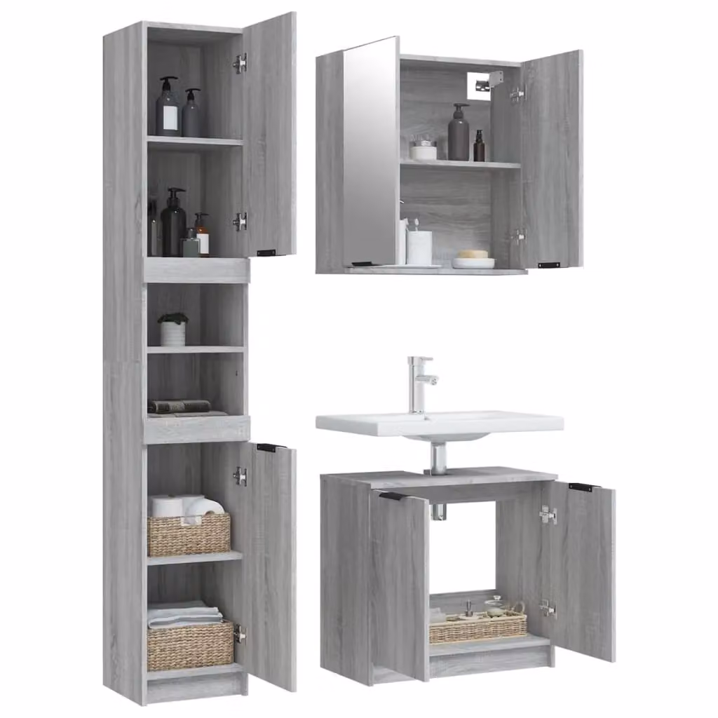 Berkfield Home 3 Piece Modern Grey Bathroom Cabinet Set with LED Lighting and Wall Mounted Storage – 2