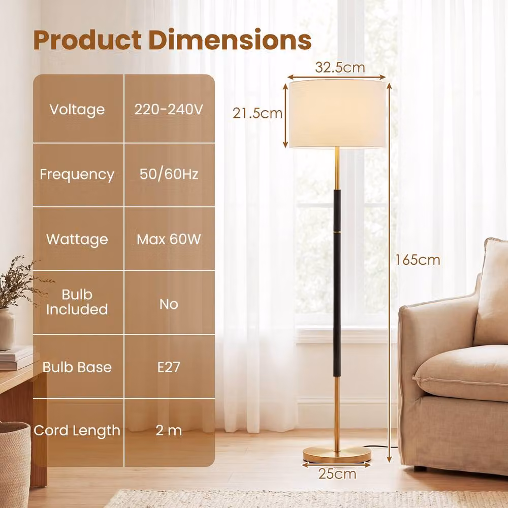 Gymax Modern Gold Floor Lamp with Fabric Cylinder Lampshade and Foot Switch – 2