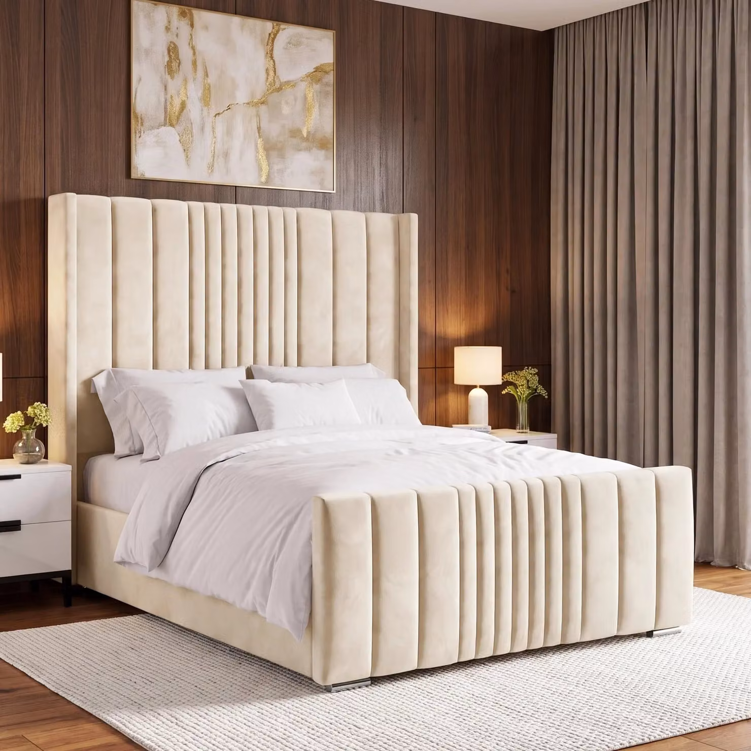 DHS Winged Ottoman Storage Bed Frame in Beige Velvet, W/D/H: 180 x 200 cm