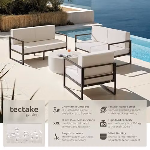 tectake Minimalist Garden Furniture Set with Two 2-Seater Sofas and One Lounge Armchair, Featuring Powder-Coated Steel Frames and Upholstered Foam Cushions with Removable Covers – 3