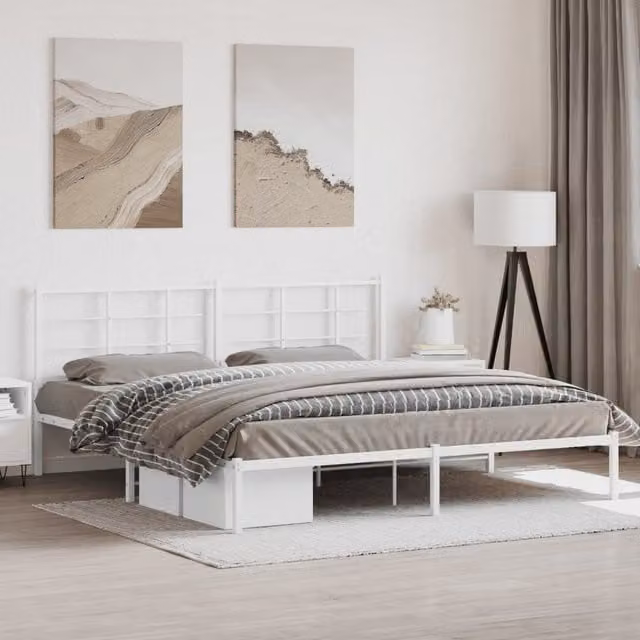 Berkfield Home Metal Bed Frame with Headboard, White, W/D/H: 193 x 203 cm – 1