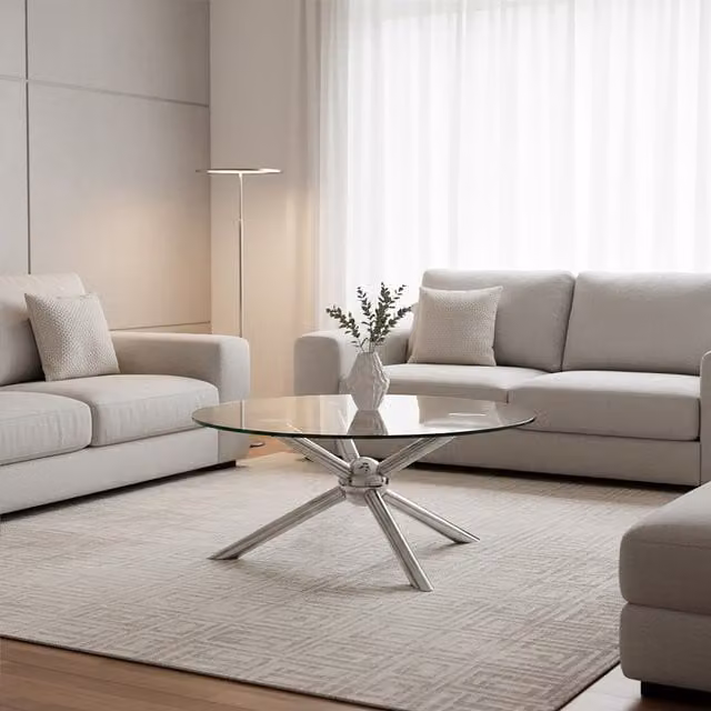Orsina Elegant Round Silver Coffee Table with Transparent Glass Top