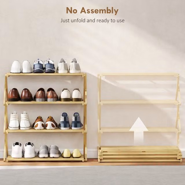 HOMCOM 4-Tier Folding Bamboo Shoe Rack in Natural Beige and Yellow