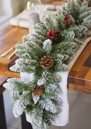 HomeZone Premium 9ft Snow Frosted Christmas Garland with Pine Cones in Green and White – 6