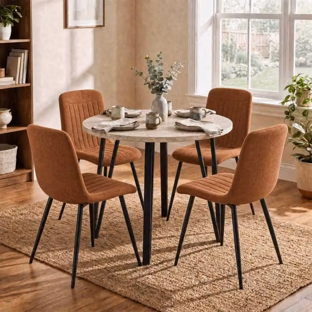 FWStyle Round Travertine Dining Table and 4 Upholstered Chairs Set in Beige and Brown – 1