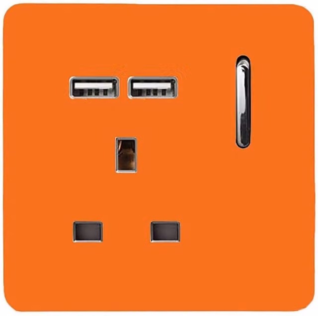 Trendi 1 Gang 13 Amp Flush Switched Socket with 2x2.1mA USB Ports in Orange