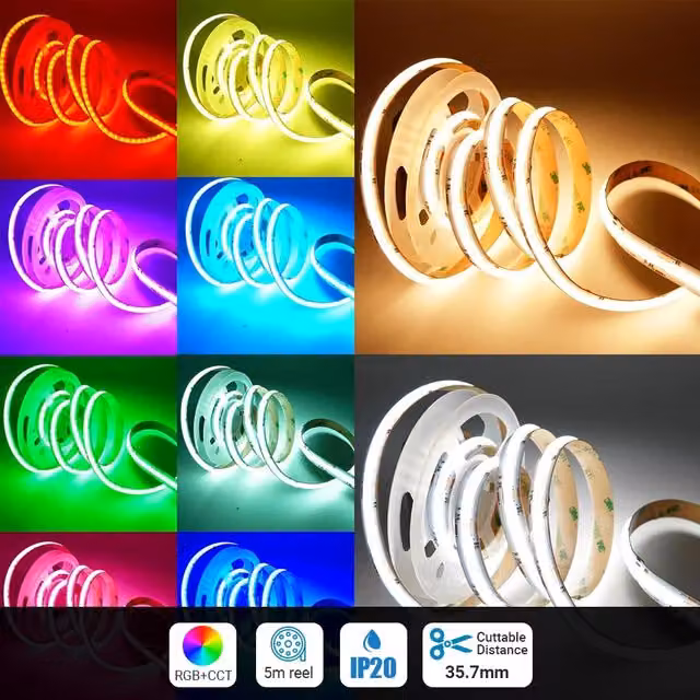 ENER-J 5m RGB+CCT COB LED Strip Light, 24V High Density 840 LEDs/m Dotless, White and Multicolour