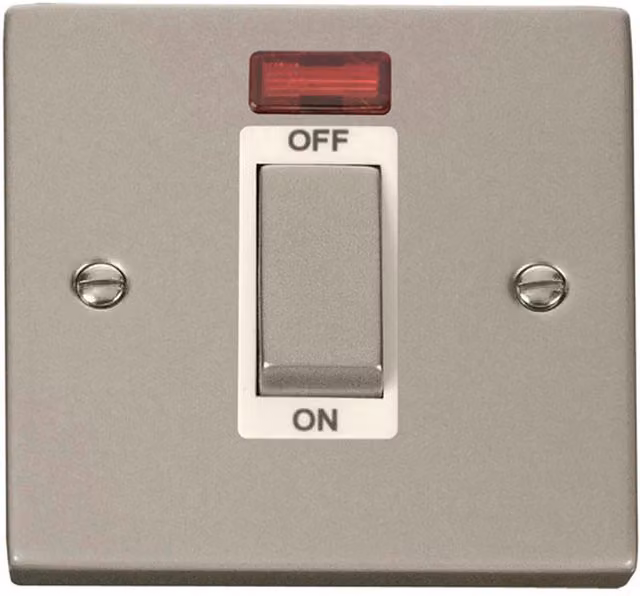 SE HOME Pearl Nickel 1 Gang Ingot 45A Switch with Neon in White and Silver