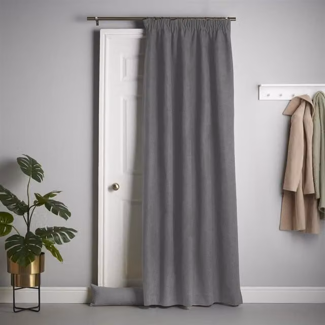 Livinluxury Grey Velvet Chenille Thermal Blackout Pencil Pleat Taped Top Door Curtain