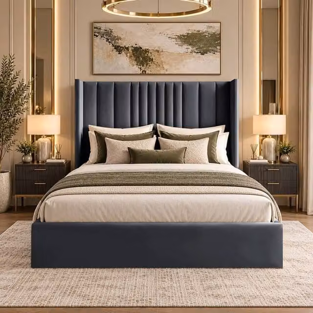 Desire Deco Adeline Upholstered Wingback Bed Frame in Grey Velvet, Size: 140 x 200 cm