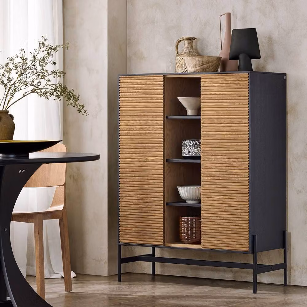SoBuy Modern Slim Credenza in Oak with Wood and Metal Details – 2
