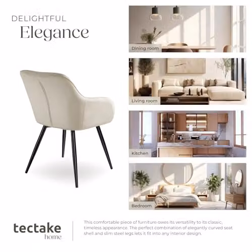 tectake Set of 8 Marilyn Dining Chairs in Velvet Look with Armrests and Metal Legs, Cream/Black – 5