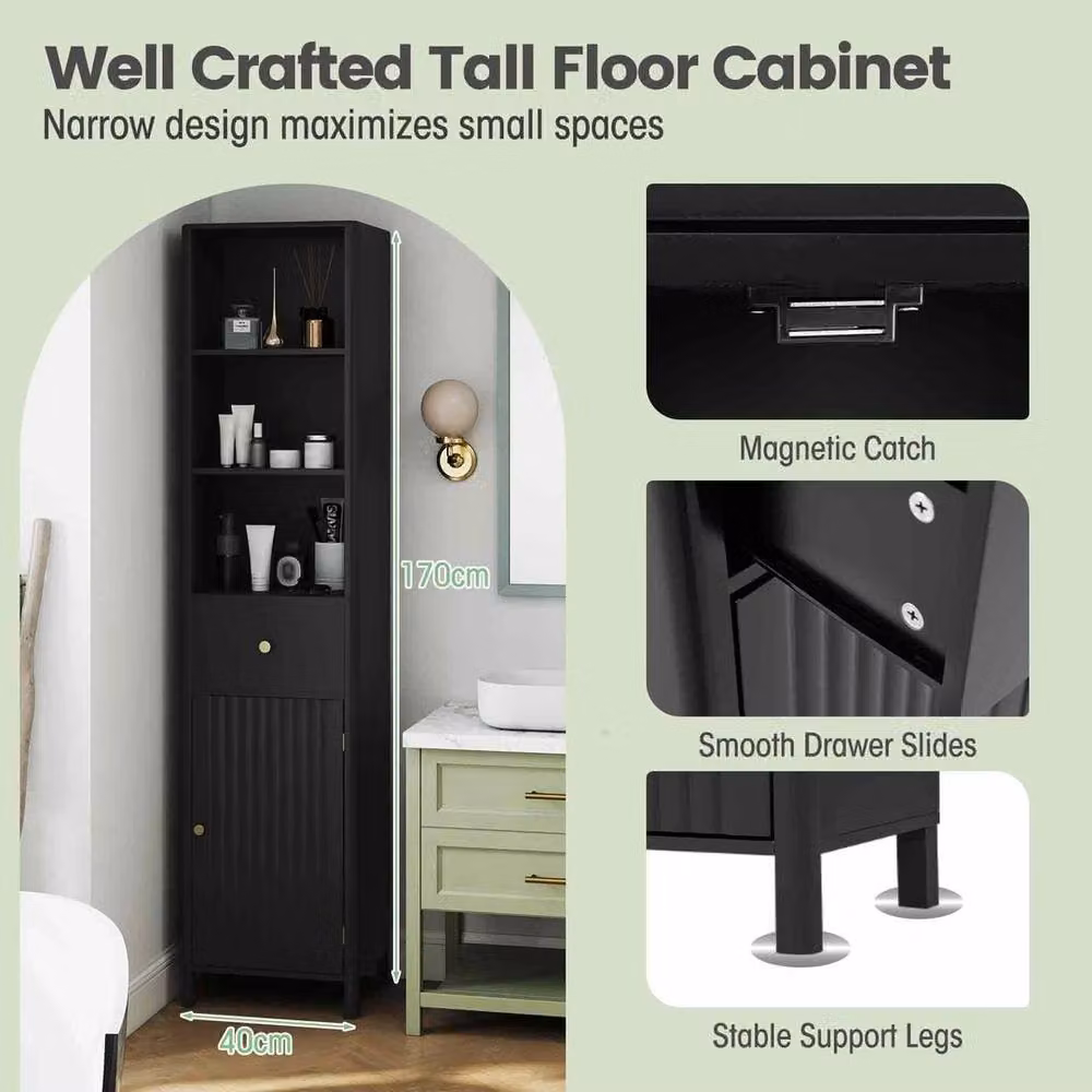 FORGEVIO Modern Narrow Freestanding Bathroom Floor Cabinet in Black, H 170 x W 30 x D 40 cm – 3