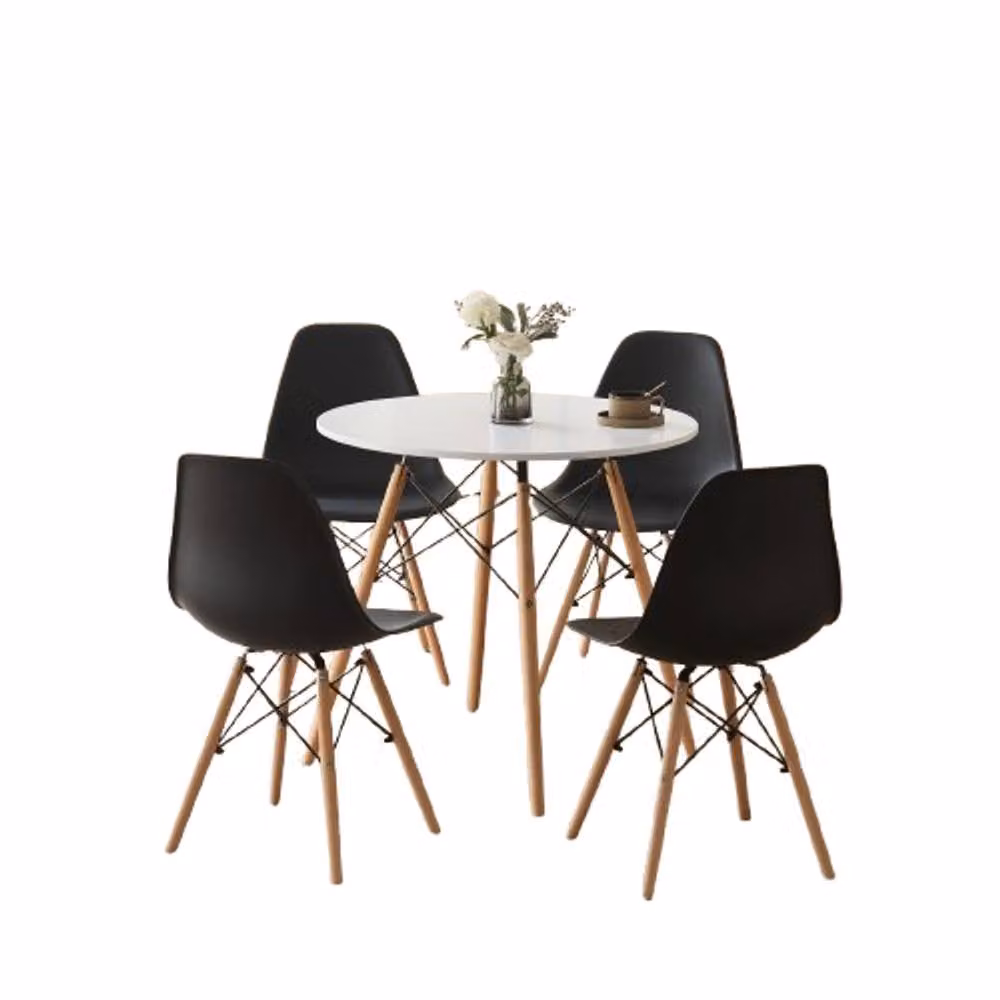 Comfy Living Ltd 5 Piece Mid-Century Dining Set with Round White Wooden Table and 4 Black Chairs – 2