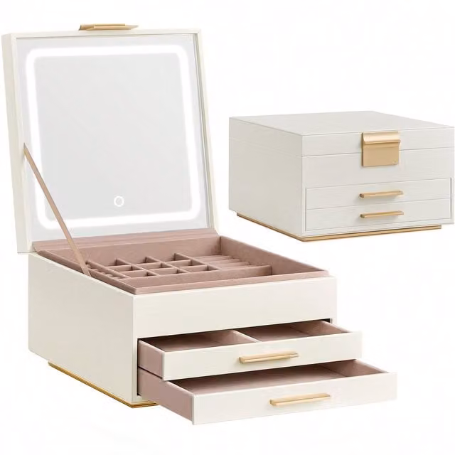SONGMICS 3-Layer Jewellery Box with Mirror and LED Lights, White