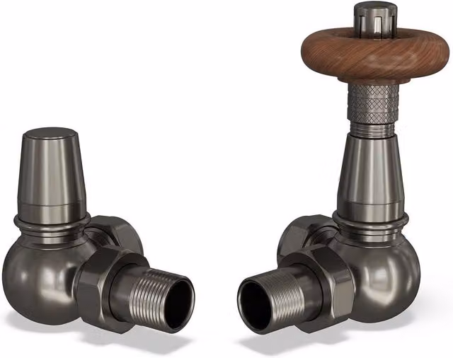 Derry Traditional Angled Thermostatic Radiator Valve and Lockshield Set in Pewter with Thermostat Head and 1/2 inch Brass Fittings