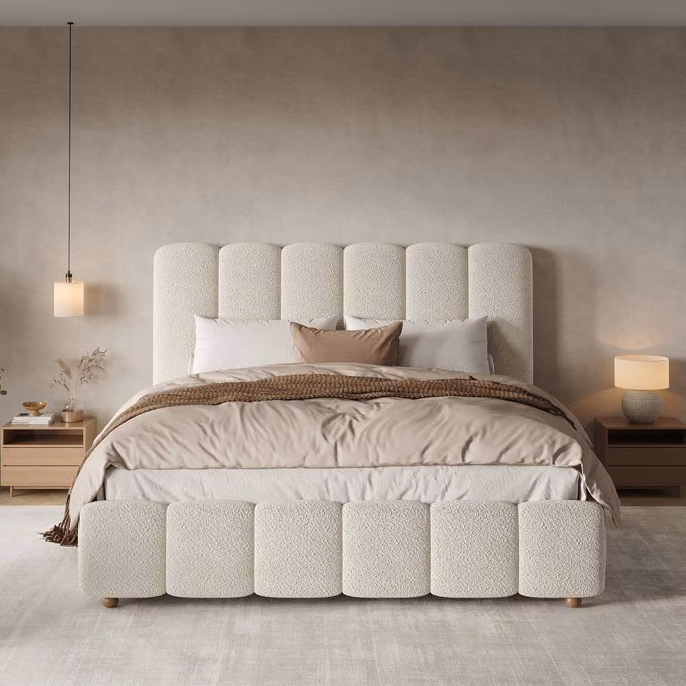 Rolipo White Bouclé Upholstered Double Bed with Hydraulic Storage W/D/H: 140 x 200 cm – 2