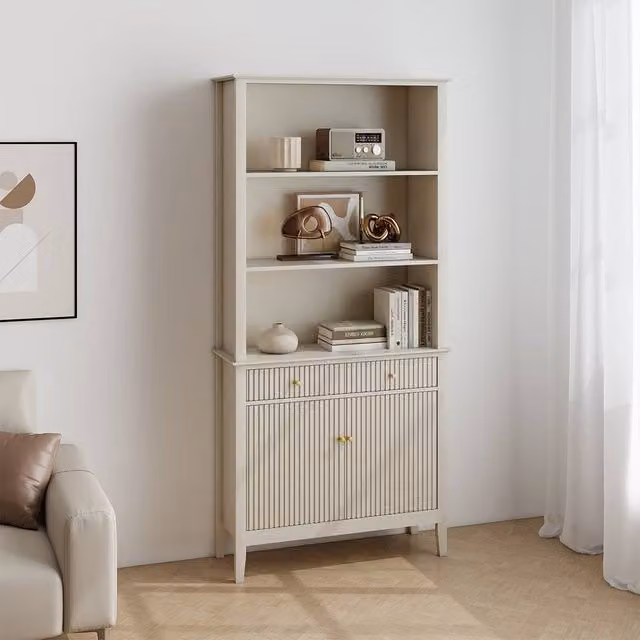 Melody Maison Hales Taupe Large Freestanding Storage Display Cabinet with 2 Drawers and 2 Doors in Beige