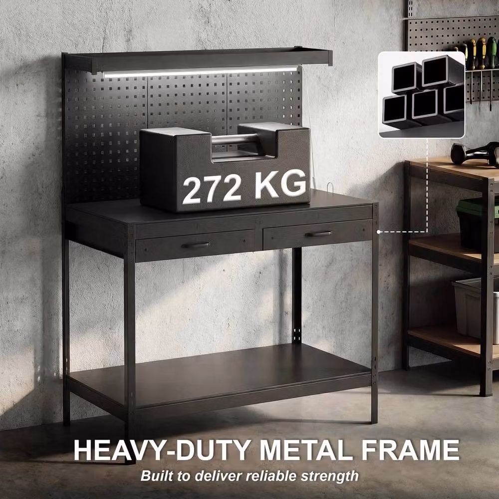 NESTLUNE Heavy Duty Metal Workbench with Pegboard, Black, W: 110 cm, D: 52 cm, H: 150 cm – 5