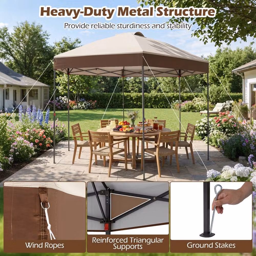 Costway Brown Pop Up Garden Gazebo with Adjustable Height Canopy Tent and Pegs, W/D/H: 360 x 360 x 360 cm – 7