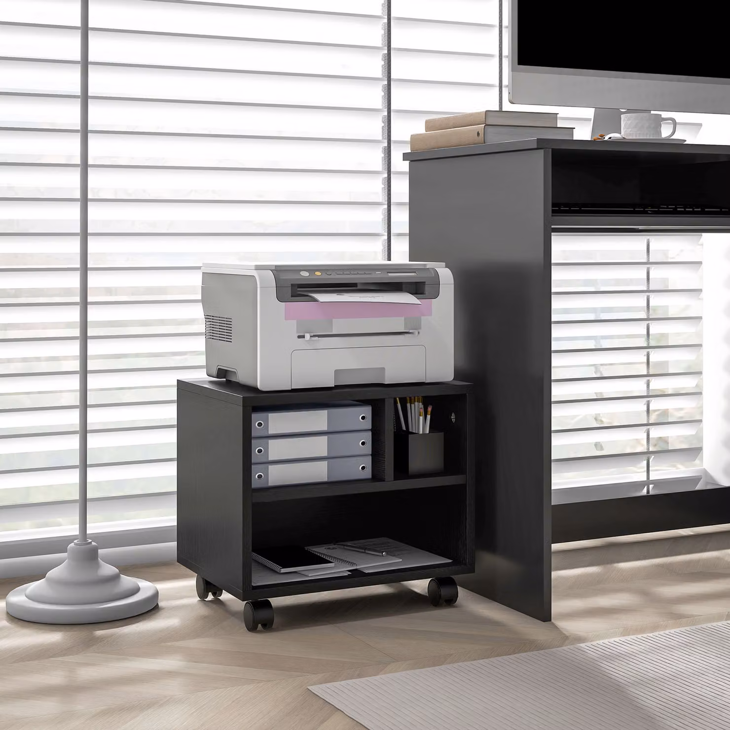 HOMCOM 2-Tier Printer Stand with Storage and 3 Compartments, Black Under Desk Printer Cart on Wheels – 2