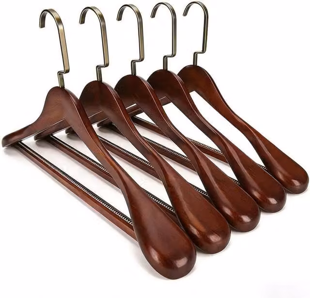 NESTLUNE Set of 5 Wooden Coat Hangers with Non-Slip Trouser Bar in Brown, W: 100 cm, D: 15 cm