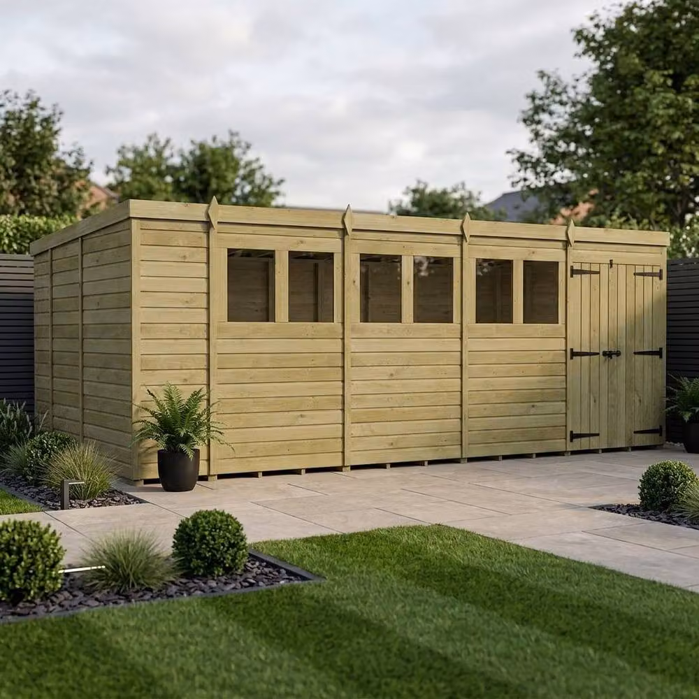 Buttercup Farm Brown Timber Pent Garden Shed with Double Doors and Windows, W: 548.6 cm, D: 274 cm, H: 210 cm – 2