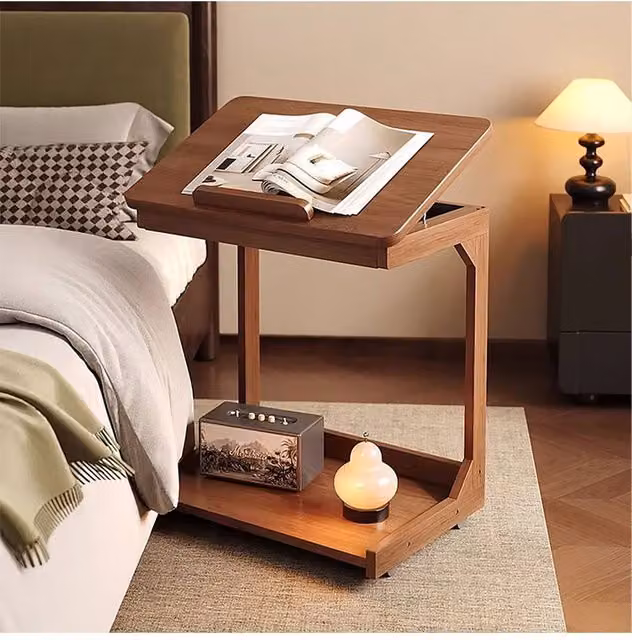 Living and Home C-Shaped Side Table with Wheels and Hidden Storage in Walnut – 1