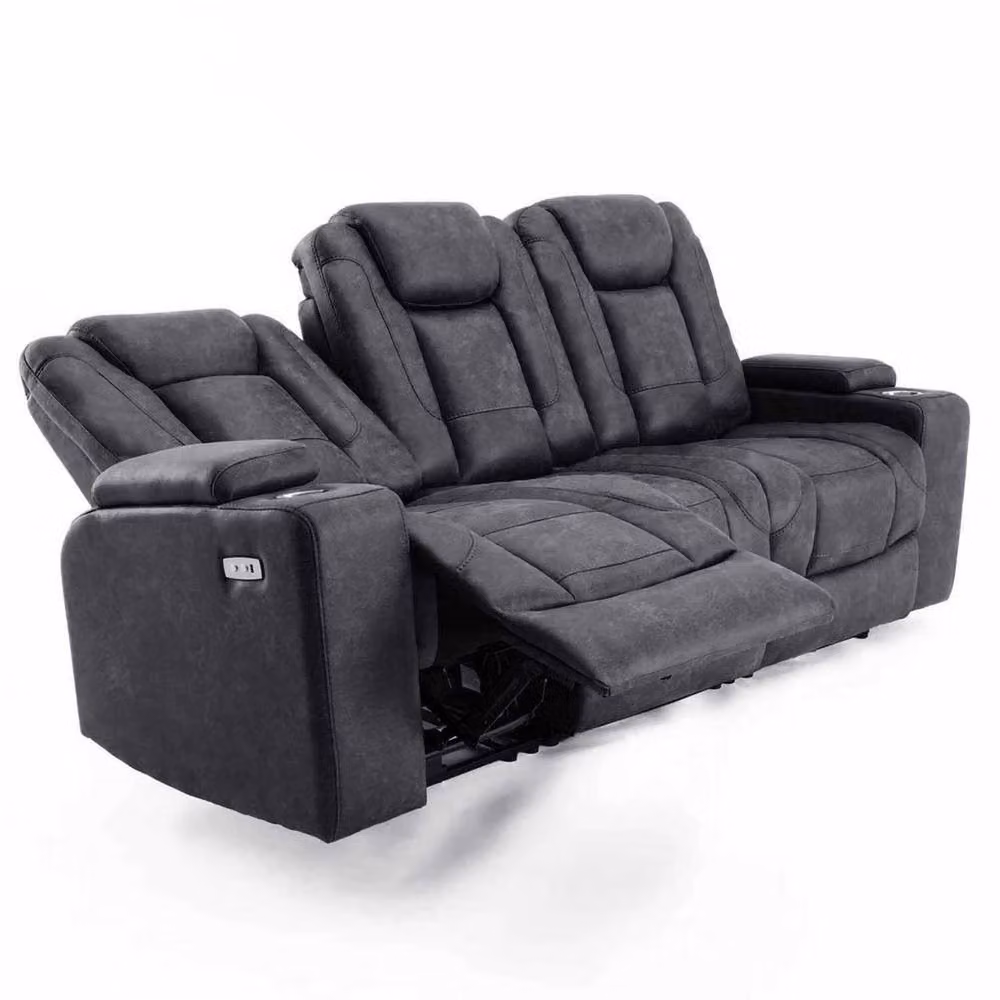 Furnishings For Less UK Juniper Grey Microfibre Electric Recliner Sofa Set (3+1+1) with USB Charging, Cup Holders and LED Lighting – 3