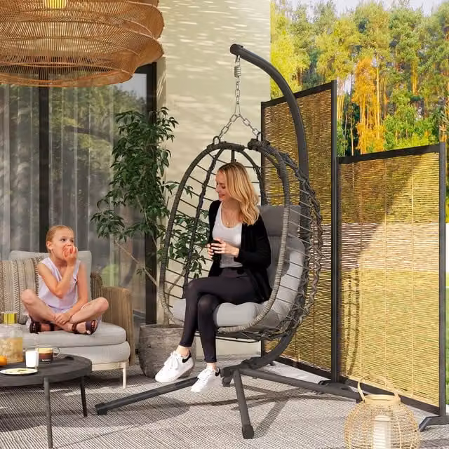 Outsunny Foldable Rattan Hanging Egg Chair with Stand in Light Grey