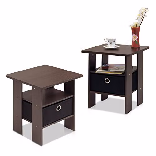 Furinno Andrey Set of 2 Side Tables with Open Shelves and Storage Bin, Dark Brown