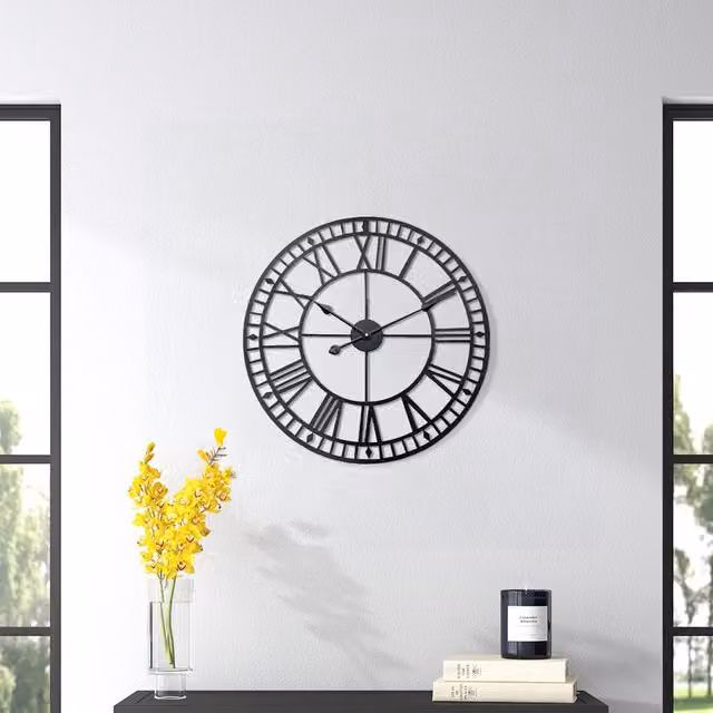 Lifeideas Retro Round Metal Roman Numeral Analog Wall Clock in Black