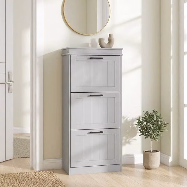 STILVORA Modern Grey Shoe Cabinet with 3 Tilting Compartments and Internal Shelves, W/D/H: 117.5 x 54.0 x 3.0 cm – 1