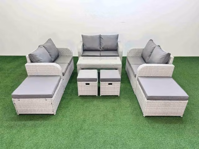 Fimous PE Wicker Rattan Garden Furniture Sofa Set with Coffee Table and Stools in Light Grey