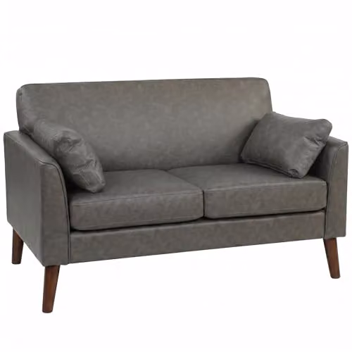 HOMCOM 2 Seater Sofa in Grey PU Leather with Rubberwood Legs, W: 132 cm, H: 79 cm, D: 74 cm – 1