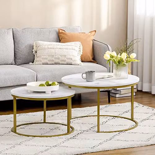 HOMCOM Set of 2 Round Nest of Tables with White Glossy Tops and Gold Metal Frame – 2