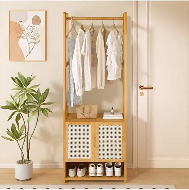 H&O Direct Classic Freestanding Wooden Clothes Rack with Cabinet in Brown – 1