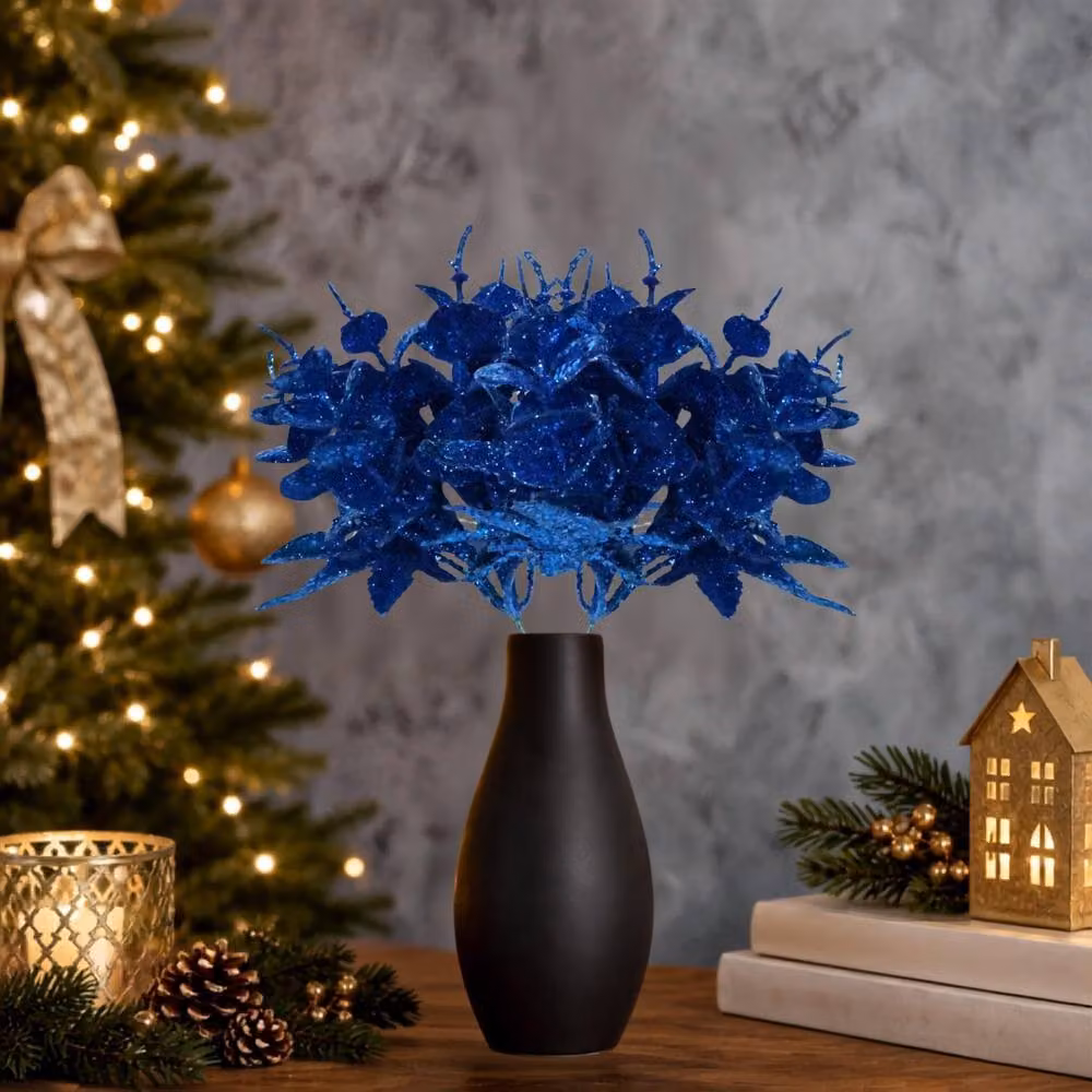 Shatchi 6 Pack Dark Blue Glitter Eucalyptus and Maple Leaf Picks, 17 cm – 2