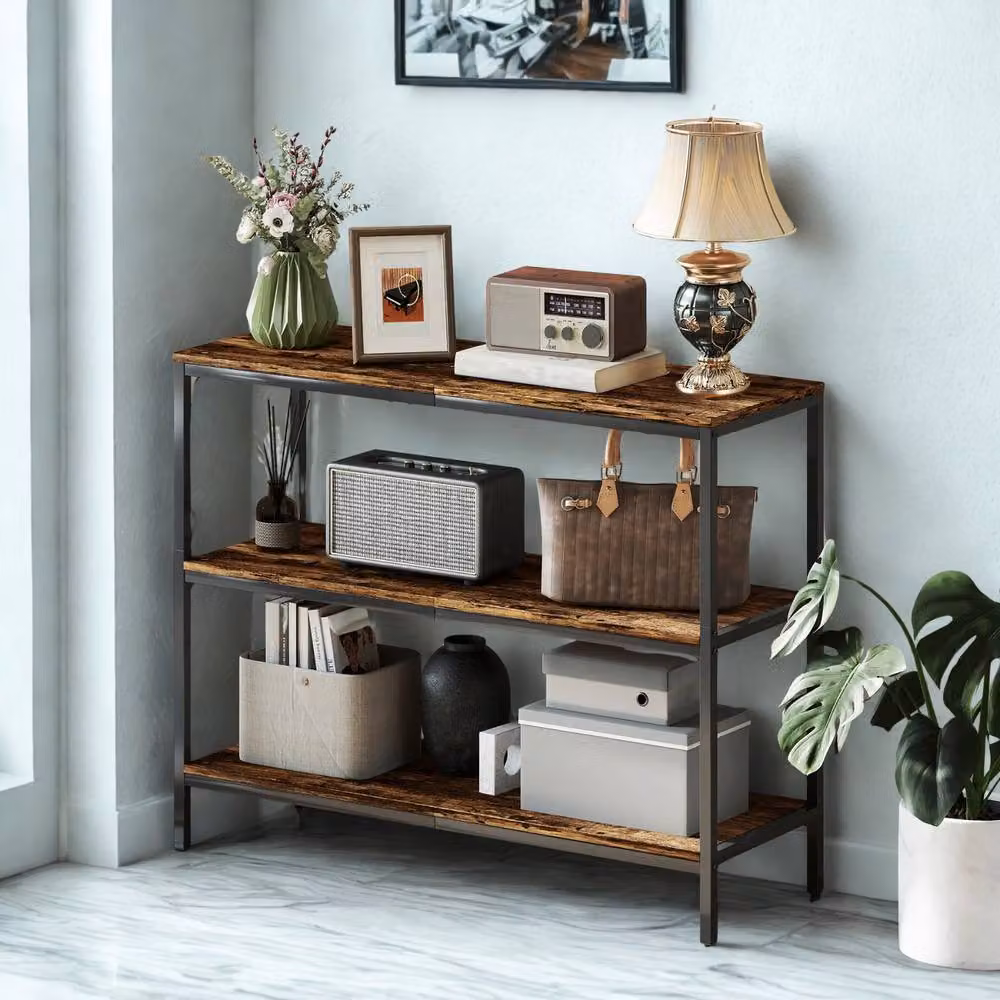 FURNOS 3 Tier Industrial Console Table in Brown and Black, W/D/H: 101 x 35 x 80 cm – 4