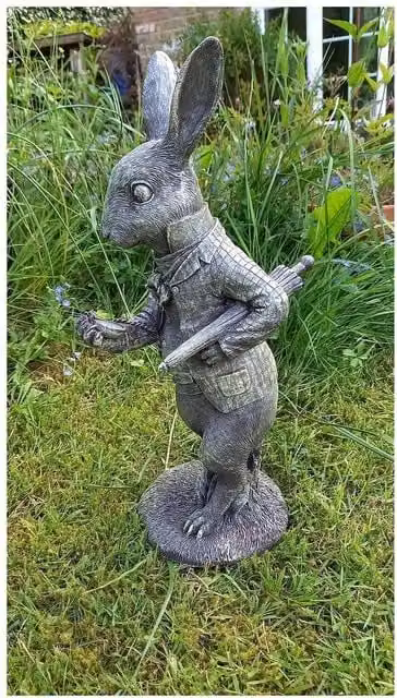 Inspirational Gifting White Rabbit Garden Sculpture Ornament in Grey, Bronze and White Resin