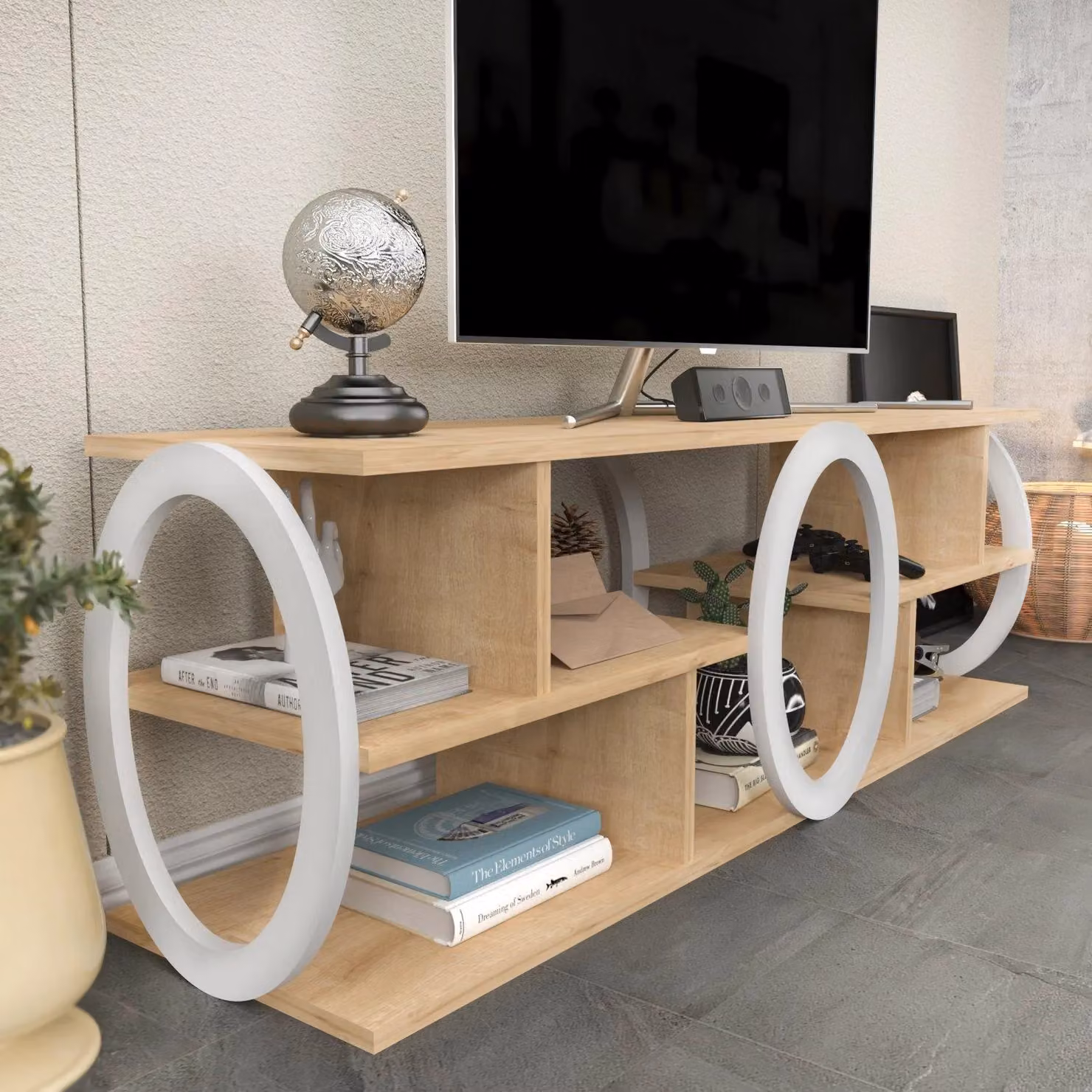 Decorotika Fale Modern TV Stand in White and Brown for TVs up to 60 inch – 2