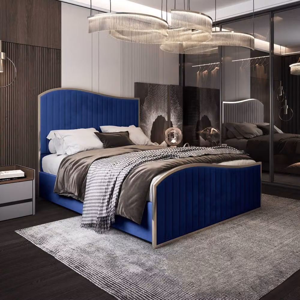 Casani Fulbeck Super King Upholstered Velvet Bed Frame in Blue with Metal Details, W/D/H: 200 x 200 cm – 2