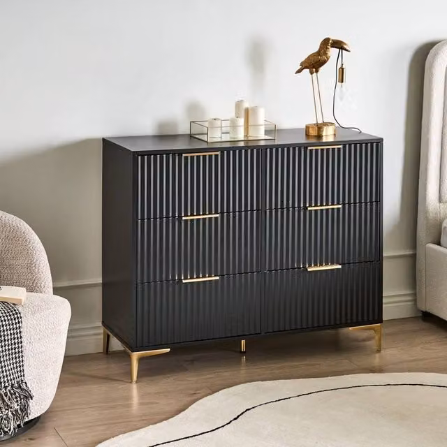 Wyld and Coco Black Six-Drawer Chest with Fluted Fronts and Gold Metal Handles