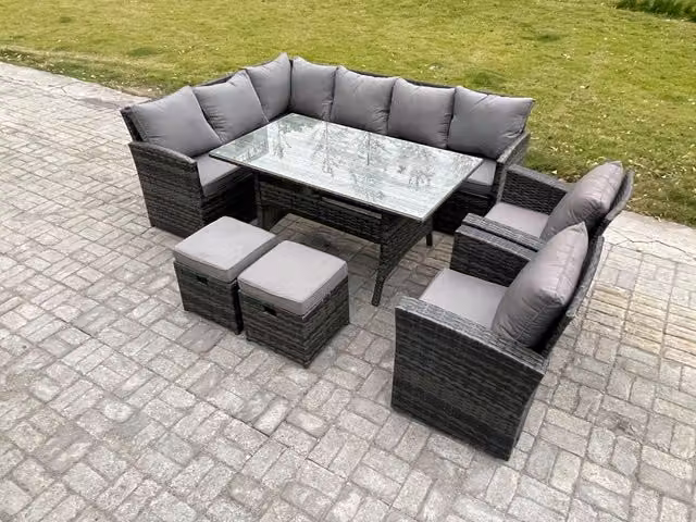 Fimous 10 Seater Outdoor Rattan Garden Furniture Set in Dark Grey with Rectangular Dining Table, 2 Armchairs and 2 Footstools
