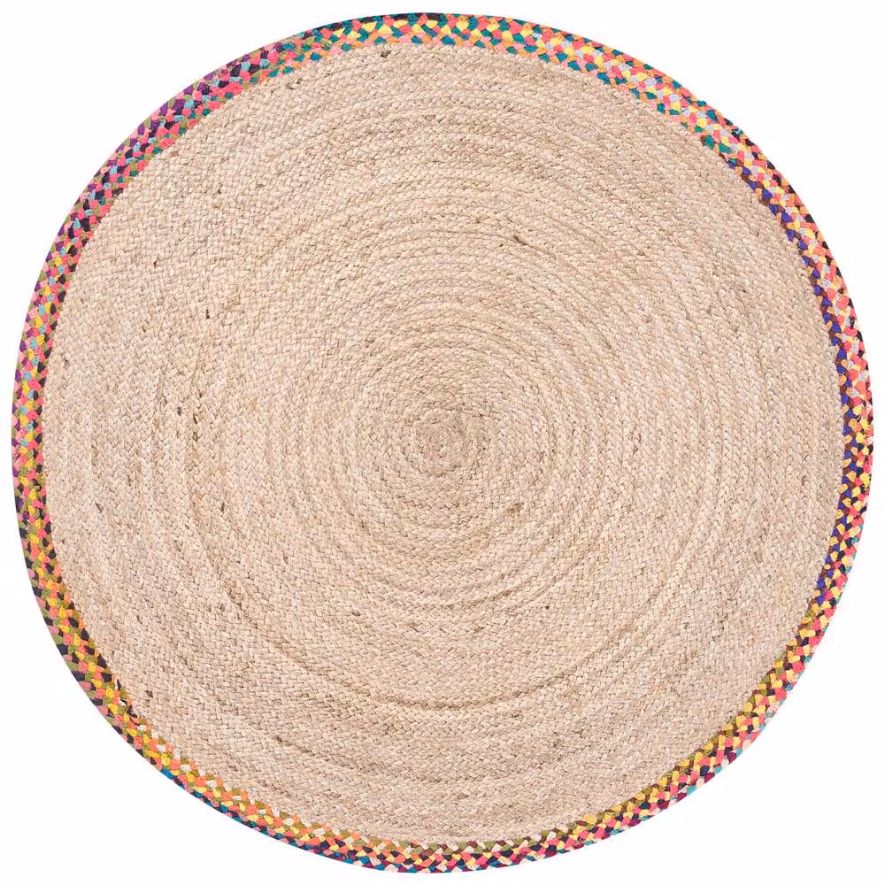 Wyld and Coco Multicolour Round Jute and Cotton Woven Rug with Beige Border, Diameter: 120 cm – 2