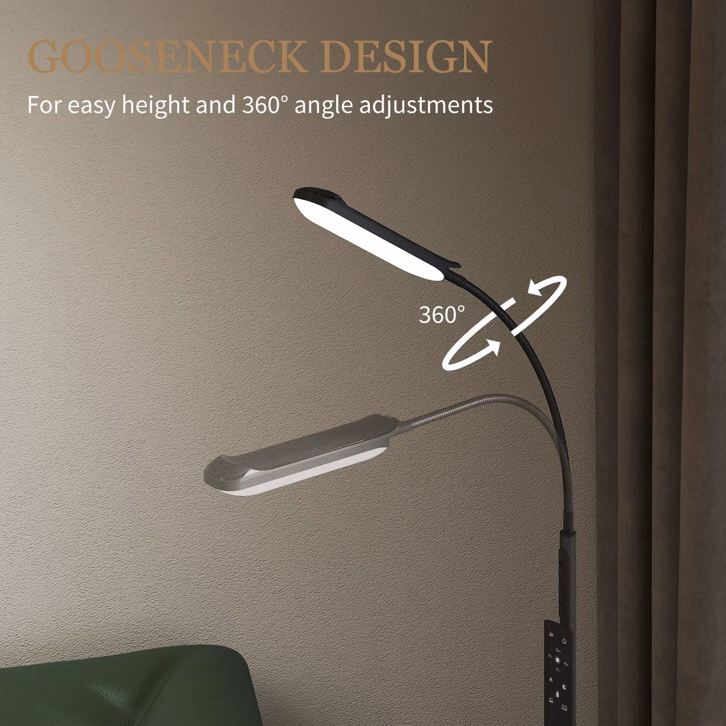 HOMCOM LED Floor Lamp in Black with Remote and Touch Control, Dimmable Stepless Brightness and Colour Temperature, 360° Adjustable Gooseneck and Timer, H 175 x W 21.5 x D 21.5 cm – 5
