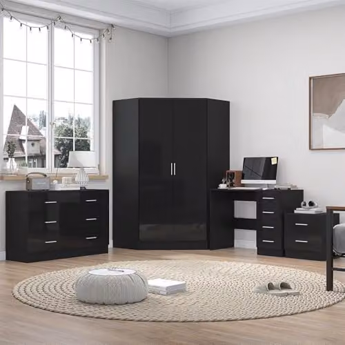 Reflect Modern Bedroom Furniture Set in Black Gloss and Black Oak Finish featuring 2 Door Corner Wardrobe, 6 Drawer Wide Chest, 3 Drawer Bedside Table and Desk/Dressing Table – 1