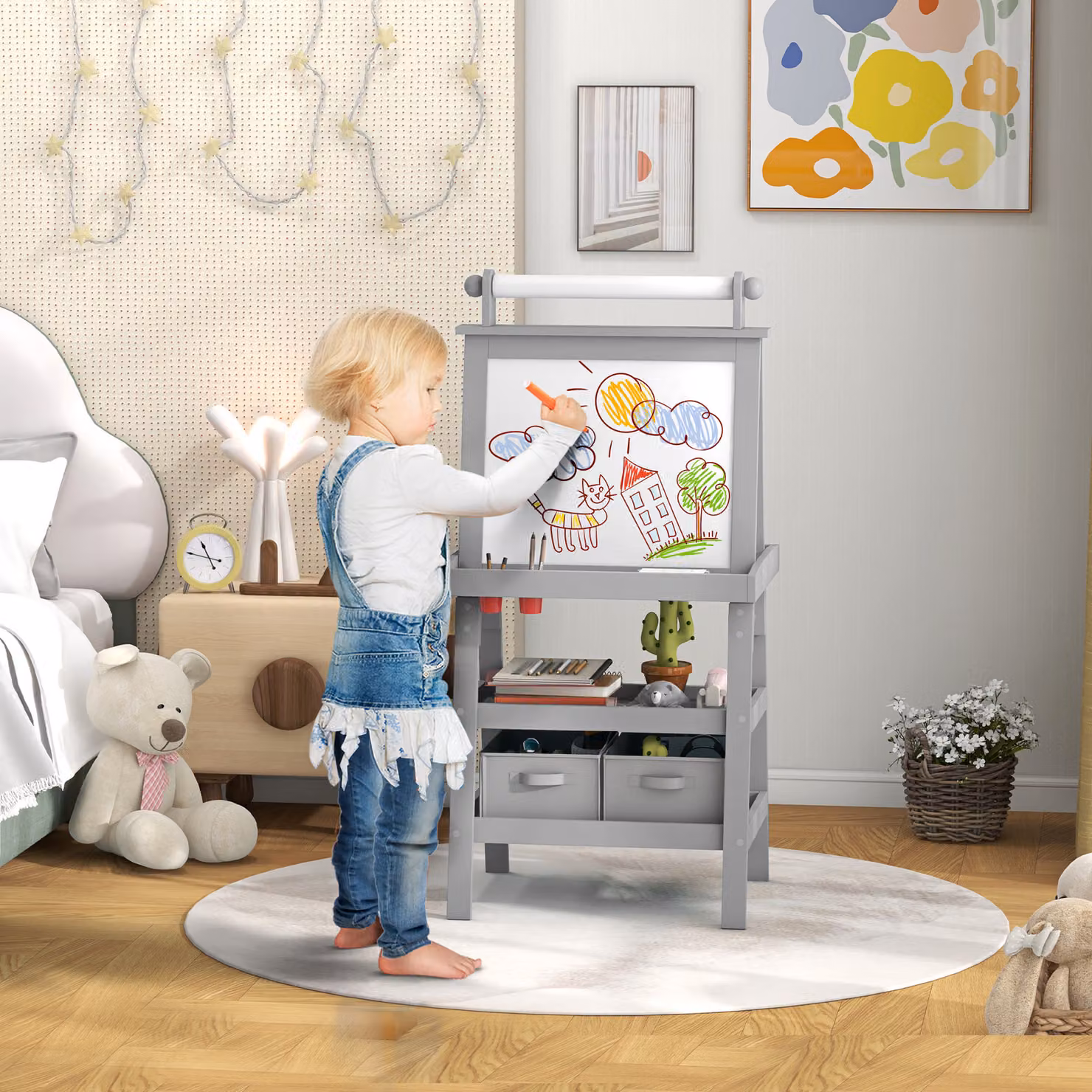 AIYAPLAY 3 in 1 Kids Art Easel with Double-Sided Magnetic Whiteboard, Chalkboard and Paper Roll, Grey – 2