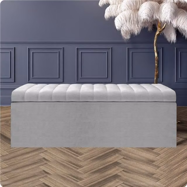R&M Furnishers Safar Naples Silver Striped Upholstered Ottoman Storage Box and End of Bed Bench