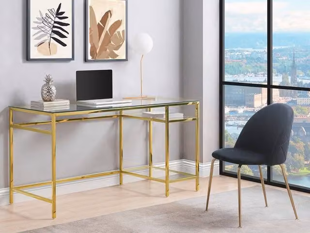 Vente-unique TIZIO 2-Shelf Writing Desk with Gold Metal Frame and Transparent Tempered Glass, W/D/H: 140 x 60 x 75 cm